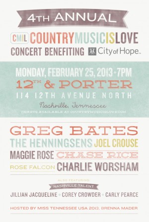 4th Annual CountryMusicIsLove Concert Benefiting City Of Hope: Playlist