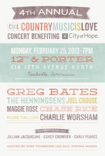 TOMORROW: 4th Annual CountryMusicIsLove Concert Benefiting City of Hope