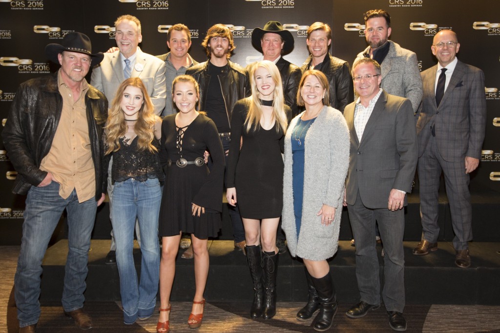 Front row L to R: Trace Adkins; Maddie & Tae; Ashley Campbell; Sarah Trahern, CEO, CMA; Pete Fisher, Vice President/General Manager, Grand Ole Opry.  Back Row L to R: Bill Mayne, Exec Director, CRB/CRS; Easton Corbin; Chris Janson; Tracy Lawrence; Chris Carmack;  David Nail; Charlie Morgan, President, CRB/CRS  