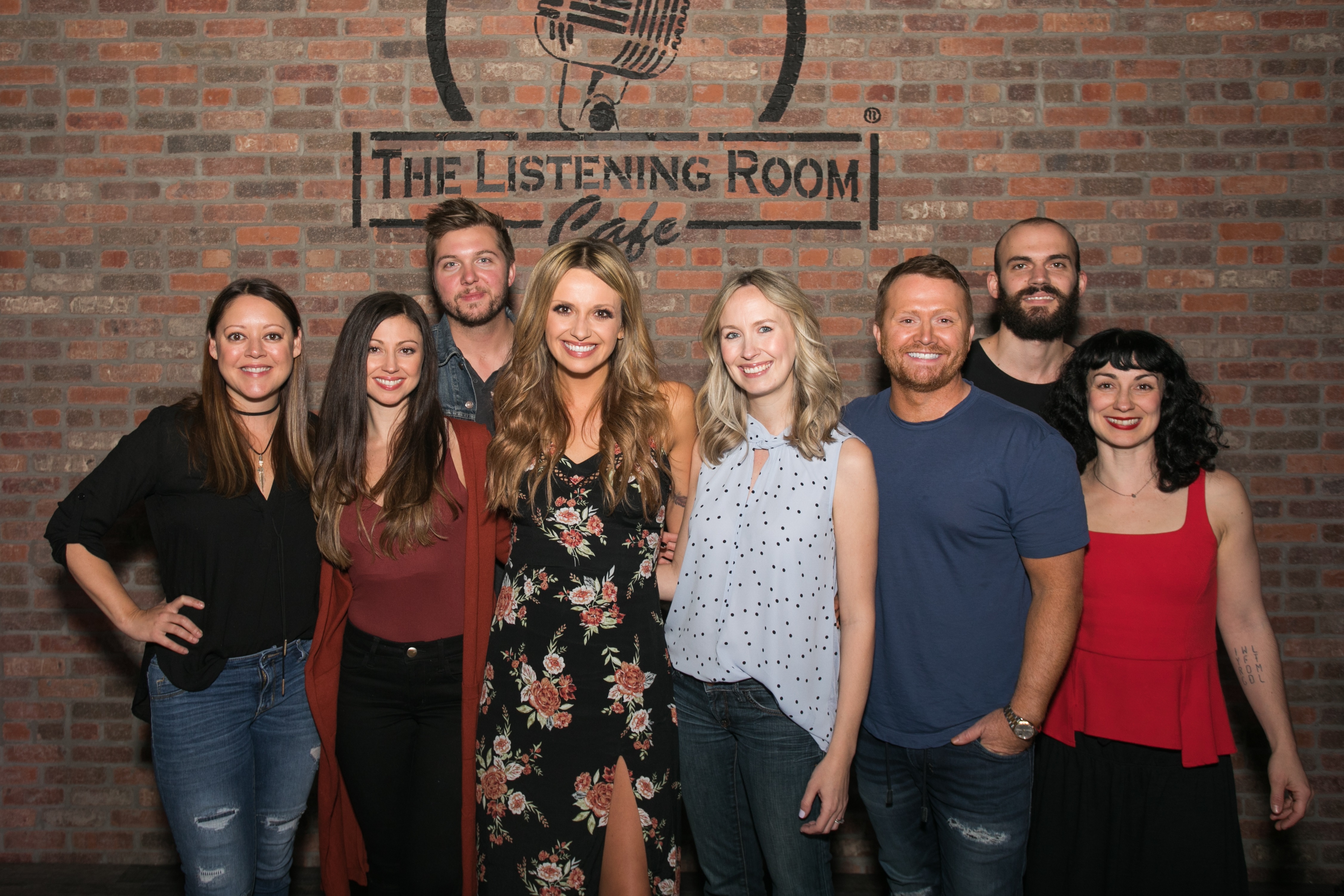Pictured (L-R): Songwriters Hillary Lindsey and Allison Veltz, Guitarist Shane Smith, Carly Pearce, Songwriters Emily Shackleton and Shane McAnally, Drummer Mike Blong and Songwriter Laura Veltz; Photo credit: Katie Kauss