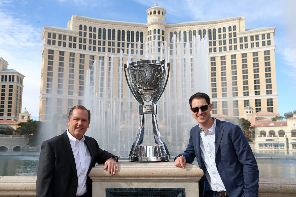 LAS VEGAS, NV - NOVEMBER 28: Monster Energy NASCAR Cup Champion Joey Logano and his crew chief Todd Gordron pose for a photo in front of The Fountains of Bellagio during Monster Energy NASCAR Cup Series Champion's Week at Bellagio Resort & Casino on November 28, 2018 in Las Vegas, Nevada. (Photo by Brian Lawdermilk/Getty Images)